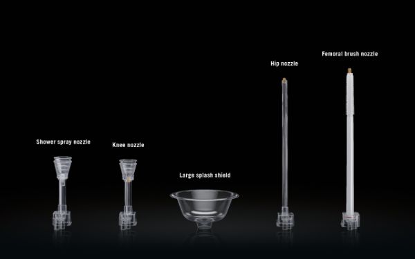 Available attachments for palaJet: shower spray nozzle, knee nozzle, large splash shield, hip nozzle, femoral brush nozzle