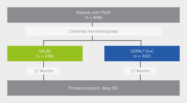 Study design: Patients with FNOF (n = 848) with cemented hemiartroplasty devided into 2 groups: SALBC (n = 448) and COPAL G+C (n = 400) 